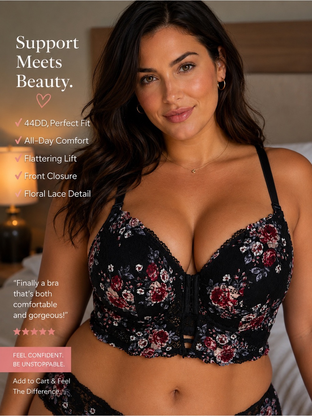 Front Closure Floral Lace Longline Bra - Black with Red Floral